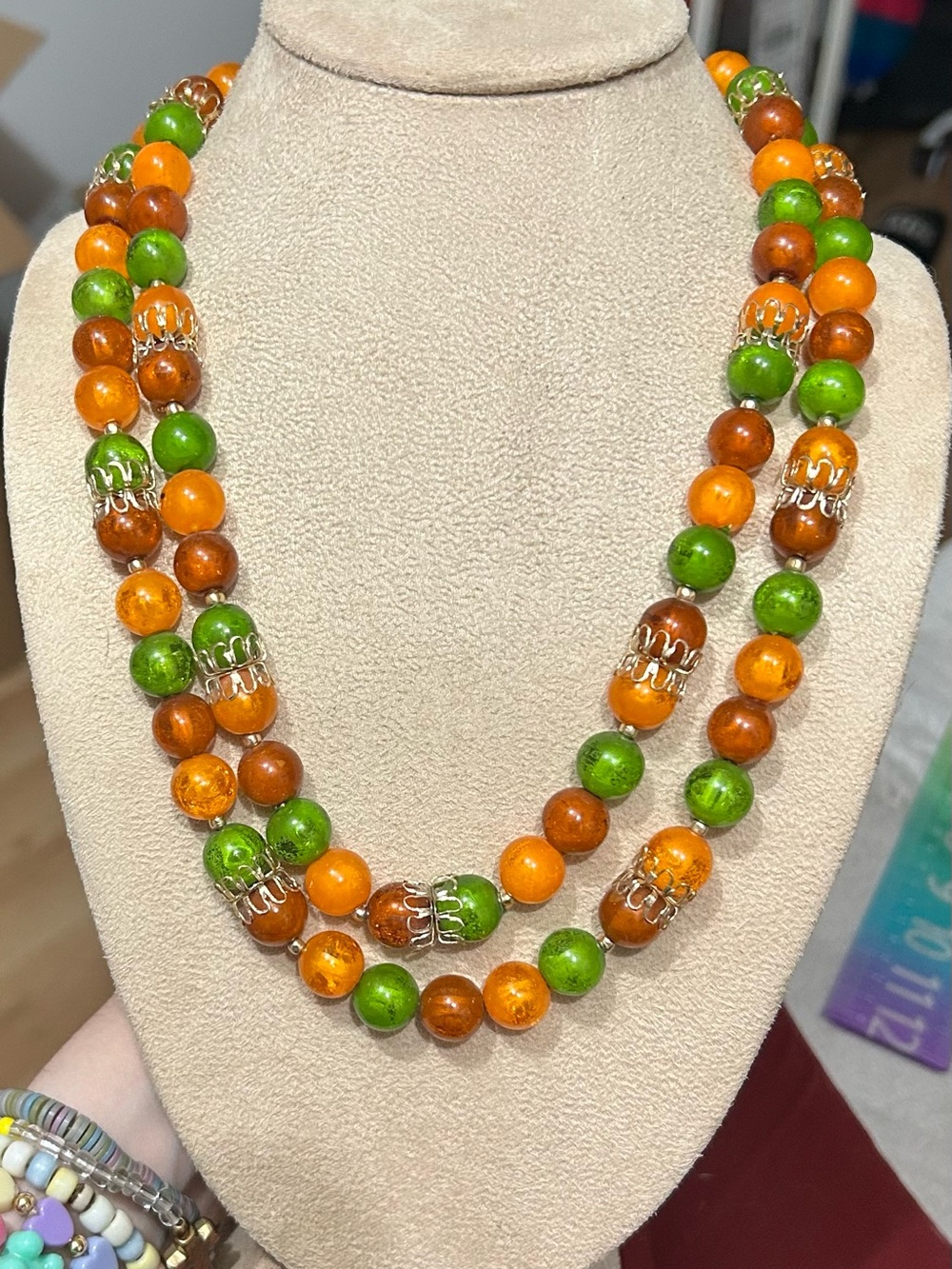 Vintage 1960s Double Strand Orange Green Beaded Statement Necklace
